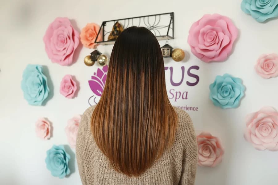 Caramel balayage hair transformation at Lotus Head Spa Nutley NJ