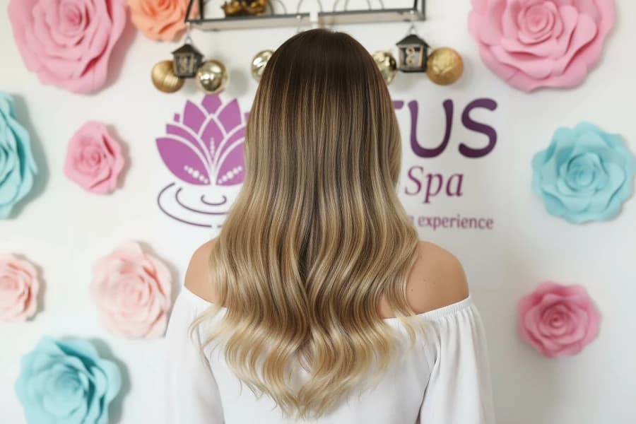 Full balayage showing beautiful dimensional blonde color from roots to ends