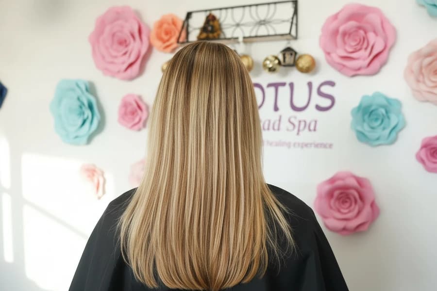 Blonde highlights hair color transformation at Lotus Head Spa Nutley NJ