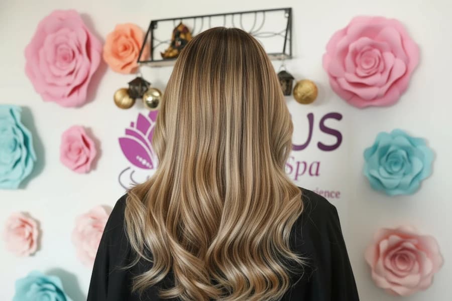 Full highlights showing complete coverage with caramel and honey tones