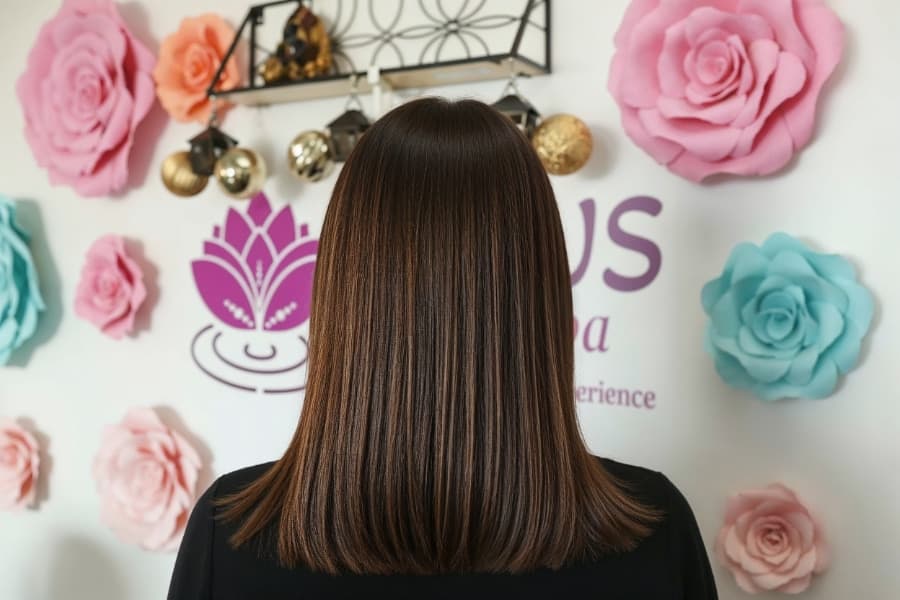 Partial highlights showing face-framing blonde streaks on brunette hair