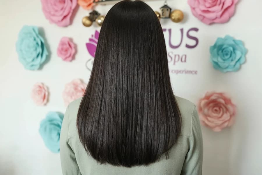 Formaldehyde-free keratin treatment showing smooth, healthy hair transformation